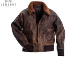 Men Navy G-1 Distressed Brown Cowhide Leather Bomber Jacket With COLLAR FUR