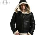 Men B3 RAF Black Bomber Shearling Genuine Leather Jacket With Removable Hoodie