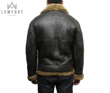 Men Genuine Sheepskin Leather Jacket Bomber B3 Flying Shearling Brown - Image 2