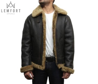 Men Genuine Sheepskin Leather Jacket Bomber B3 Flying Shearling Brown - Image 3