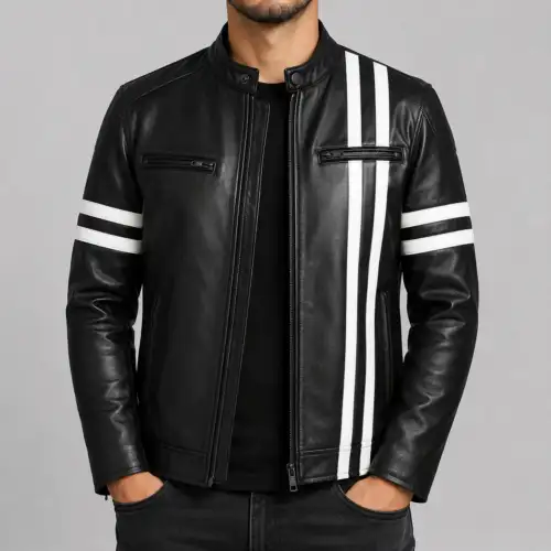 Men Marlon Leather Motorcycle Jacket With White Stripes