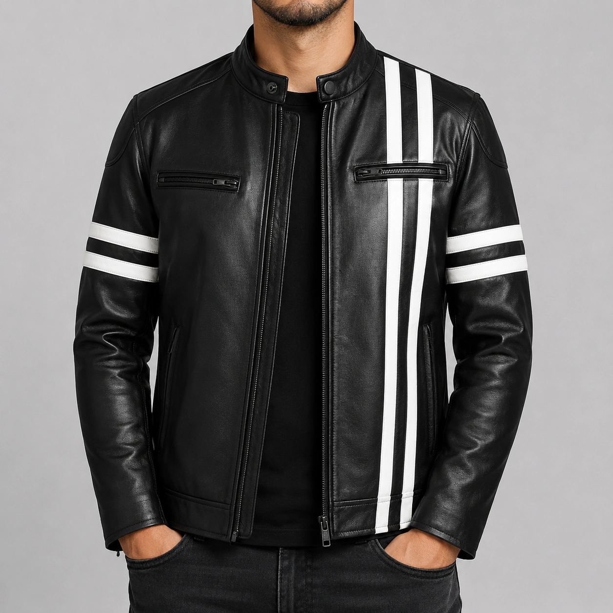 Men Marlon Leather Motorcycle Jacket With White Stripes