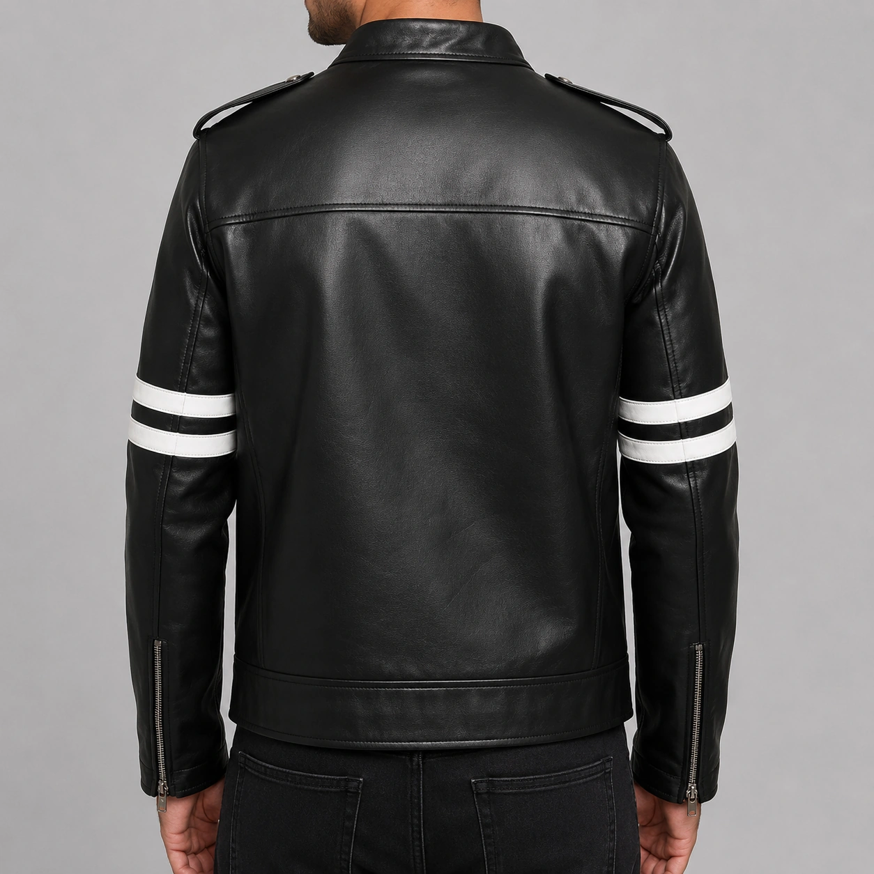 Men Marlon Leather Motorcycle Jacket With White Stripes - Image 3