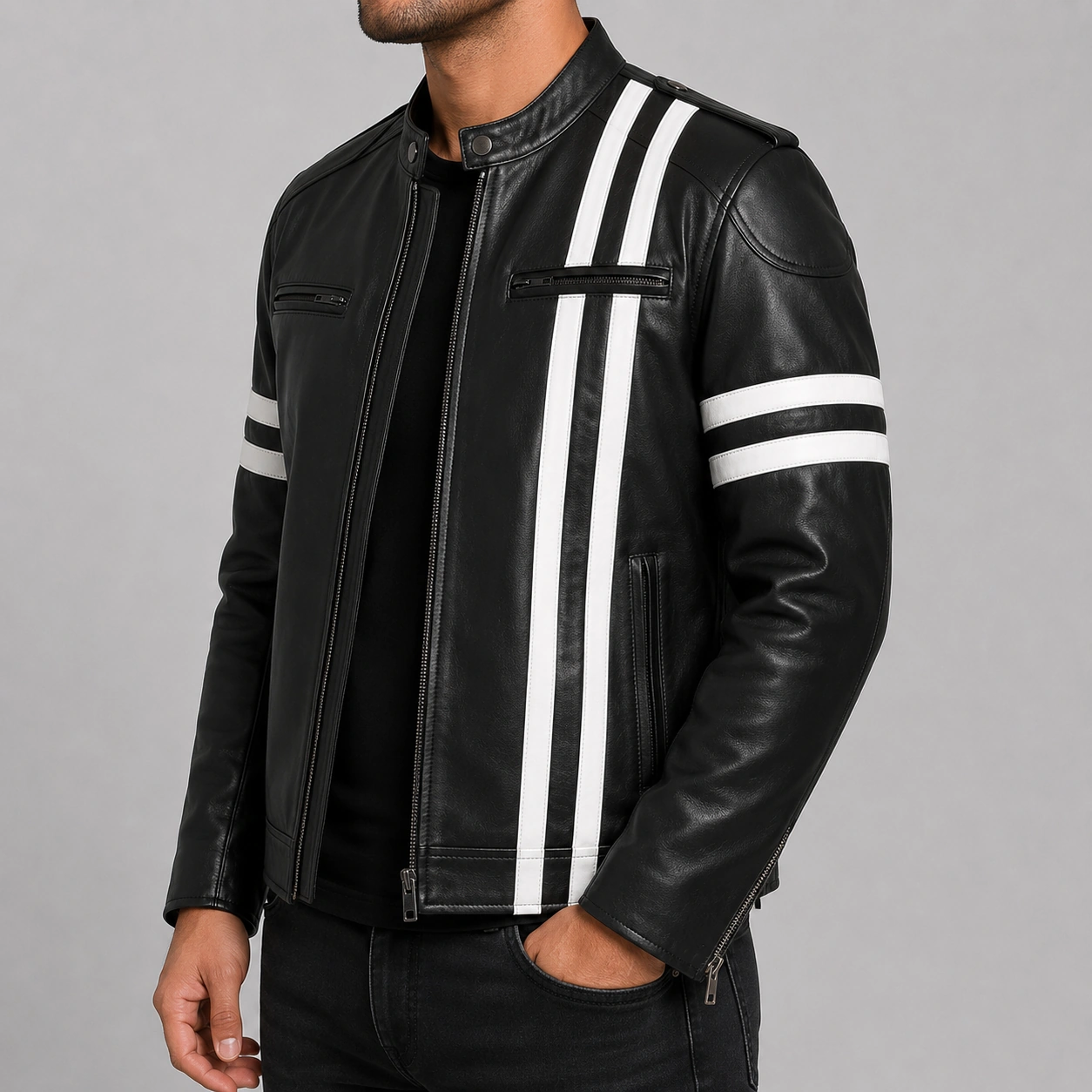 Men Marlon Leather Motorcycle Jacket With White Stripes - Image 2
