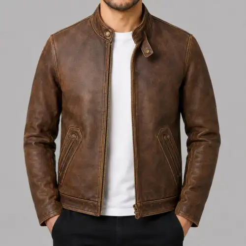 Men's Biker Cafe Racer Vintage Motorcycle Distressed Tan Brown Leather Jacket