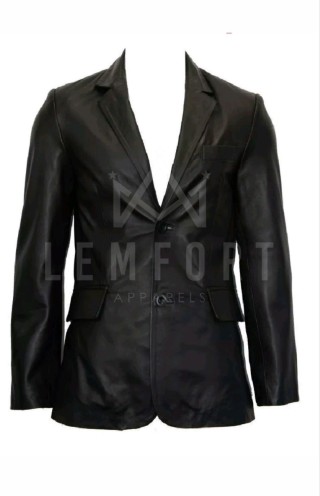 Men's Genuine Lambskin Black Blazer Two Button Slim Fit Coat Real Leather Jacket - Image 2