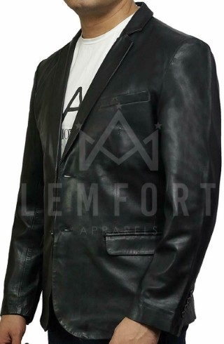 Men's Genuine Lambskin Black Blazer Two Button Slim Fit Coat Real Leather Jacket - Image 7