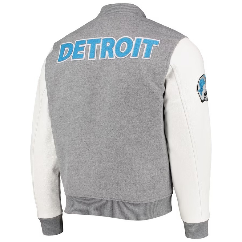 Men’s Detroit Lions Grey And White Letterman Jacket - Image 3