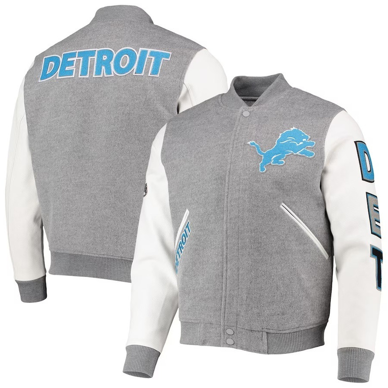 Men’s Detroit Lions Grey And White Letterman Jacket - Image 4