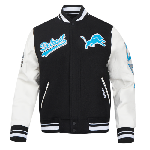 NFL Detroit Lions Script Tail Classic Wool Varsity Jacket with Leather Sleeves