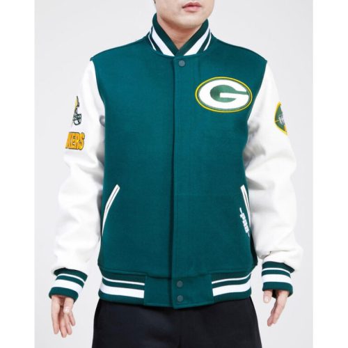 NFL Men’s Green Bay Packers Green and White Letterman Jacket