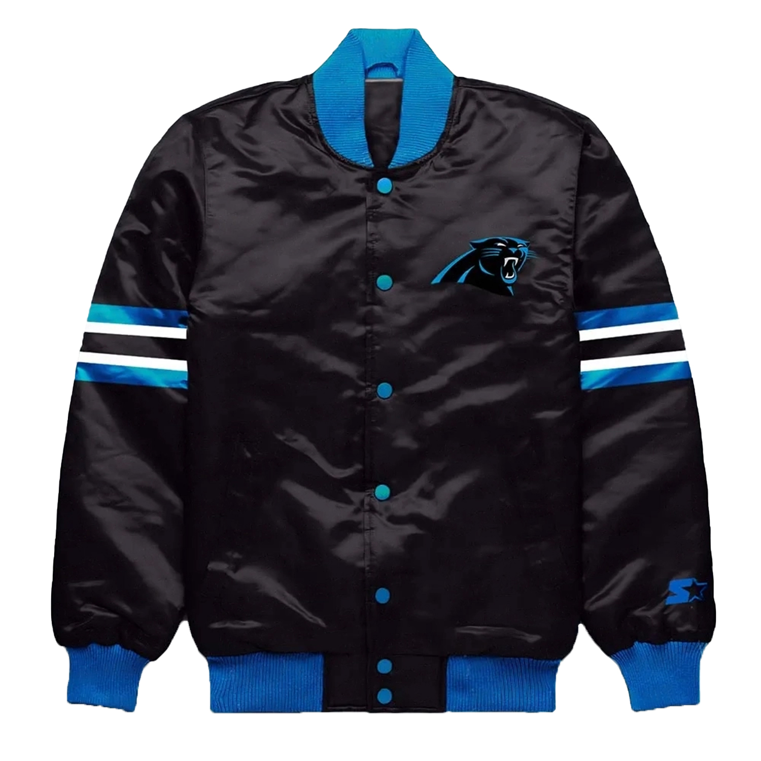 NFL Carolina Panthers Black Satin Varsity Jacket - Image 2
