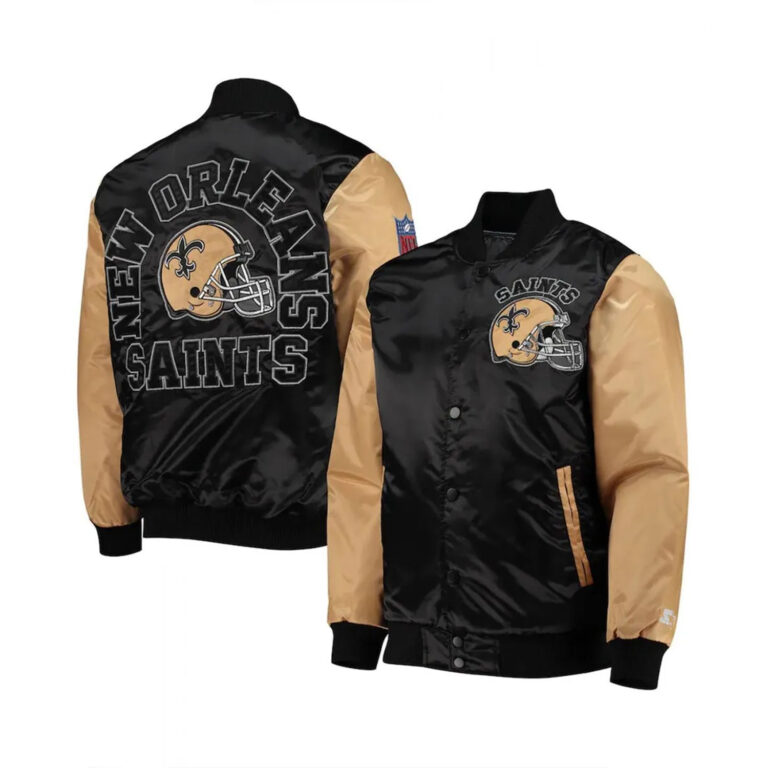 NFL New Orleans Throwback Black and Gold Satin Jacket