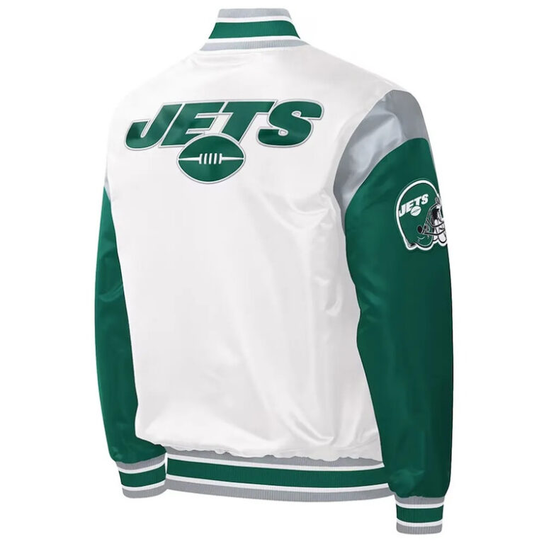 NY Jets Throwback Mens Varsity Satin Jacket - Image 3