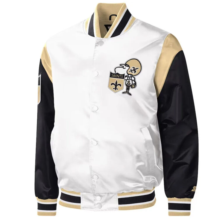 New Orleans Saints Heritage Varsity Satin Jacket White Throwback Edition - Image 4