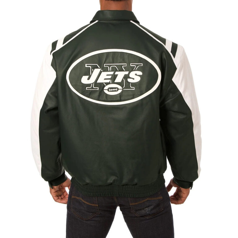 Men’s New York Jets Green and White Leather Varsity Jacket - Image 3