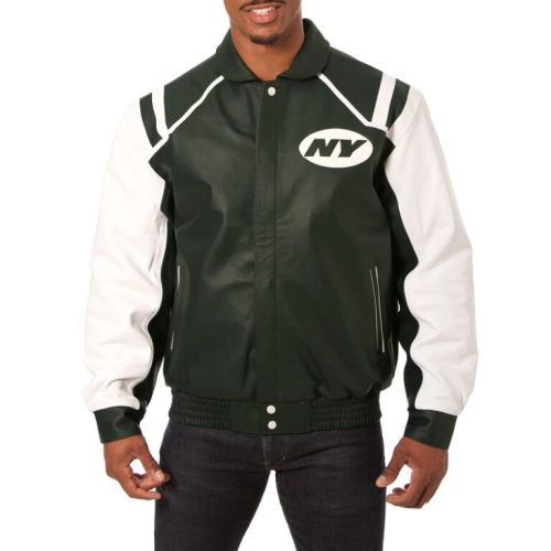 Men’s New York Jets Green and White Leather Varsity Jacket