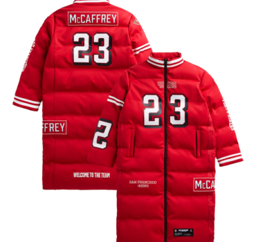 san-francisco-49ers-mccaffrey-scarlet-red-puffer-long-coat
