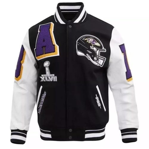 Men's Baltimore Ravens Mashup Rib Black & White Varsity Wool Letterman Jacket