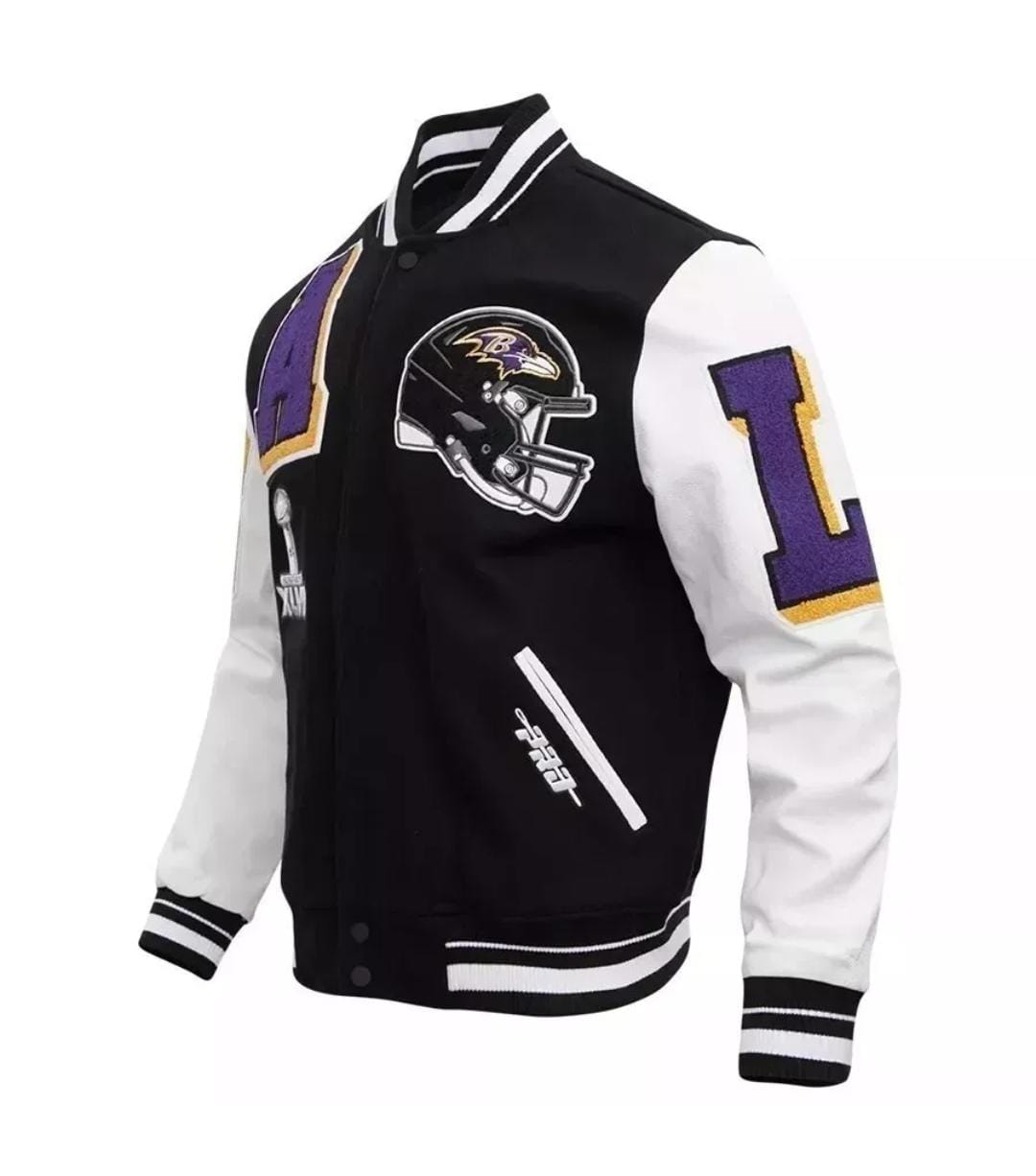 Men's Baltimore Ravens Mashup Rib Black & White Varsity Wool Letterman Jacket - Image 2