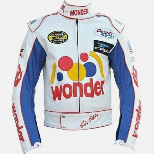 Men Ricky Bobby Wonder Racing Nights The Bread Speed White Leather Motorcycle Jacket