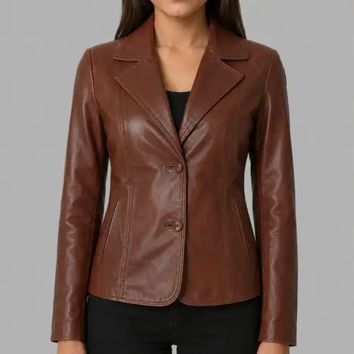 Women's Brown Genuine Leather Two Button Blazer Coat