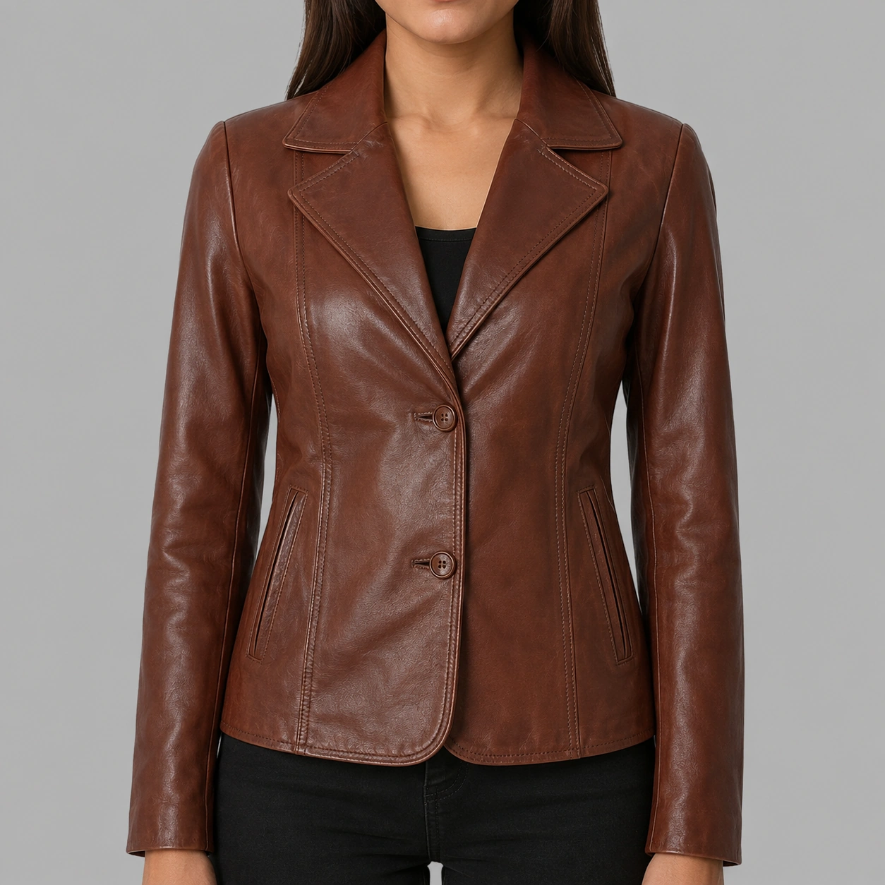 Women's Brown Genuine Leather Two Button Blazer Coat