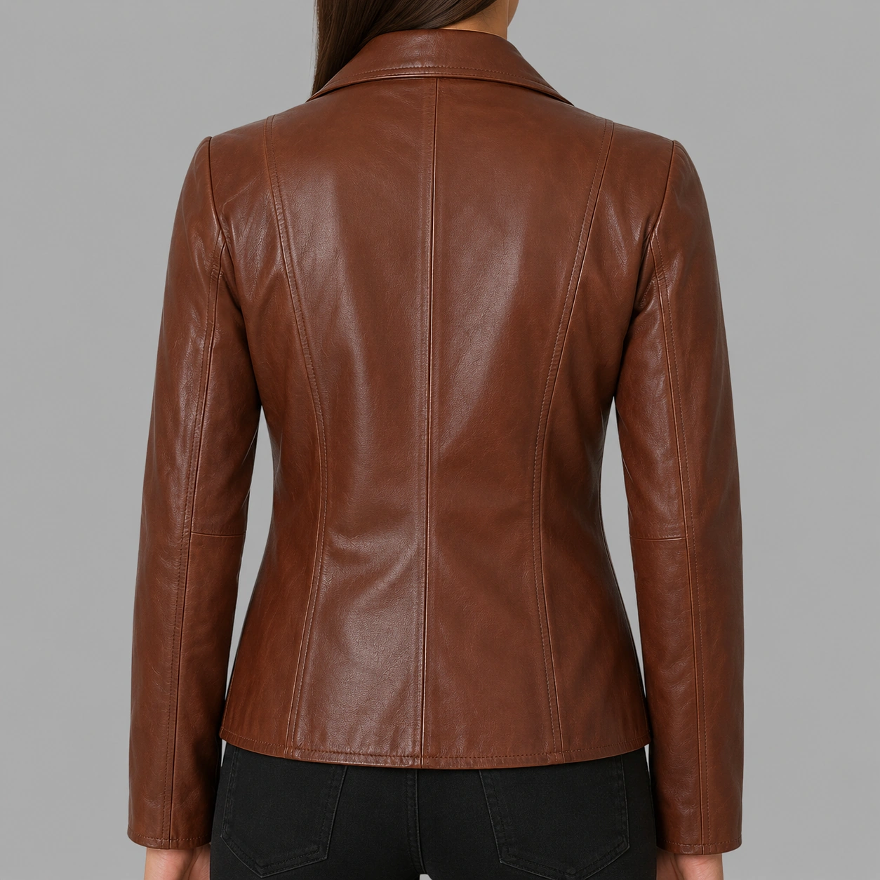 Women's Brown Genuine Leather Two Button Blazer Coat - Image 4