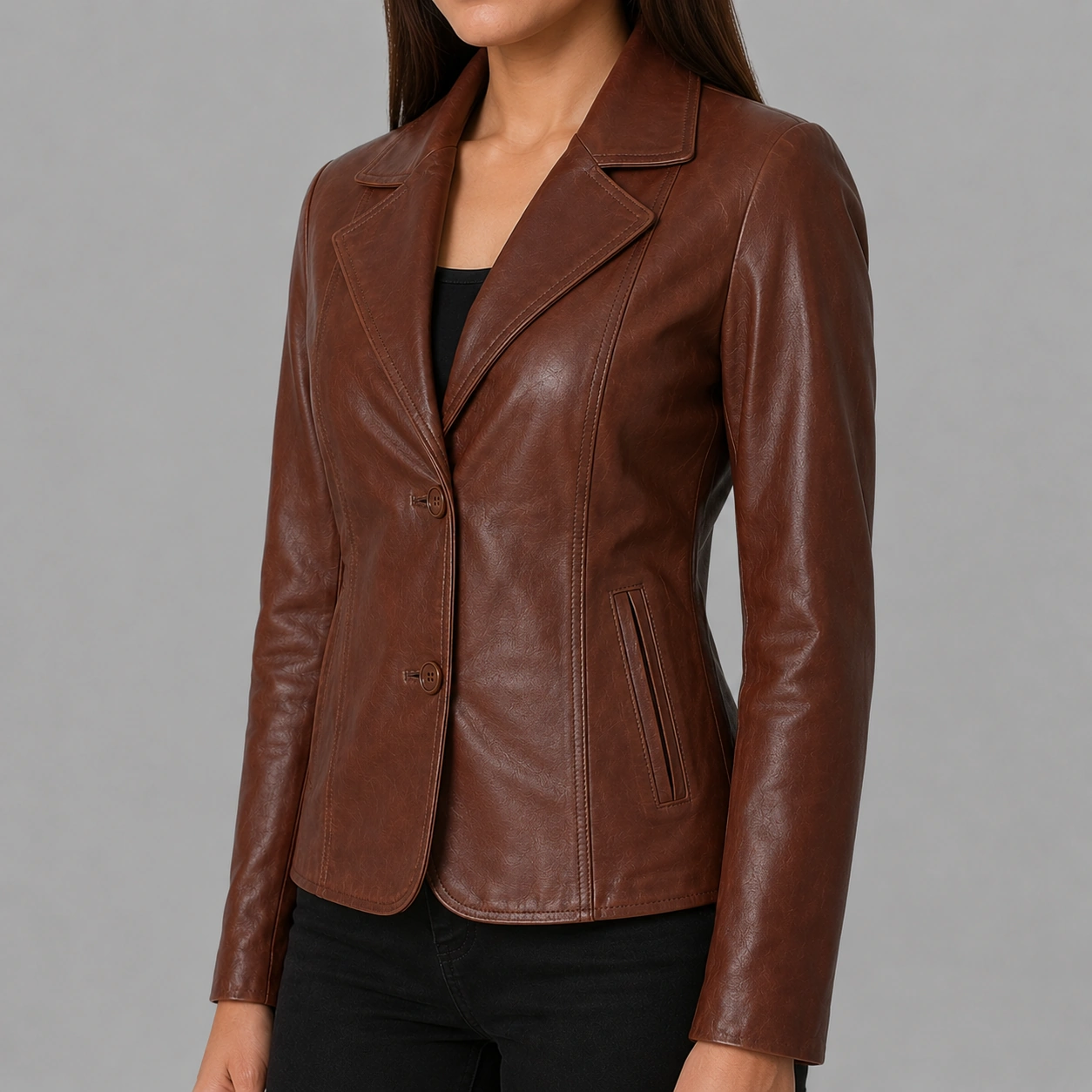 Women's Brown Genuine Leather Two Button Blazer Coat - Image 2