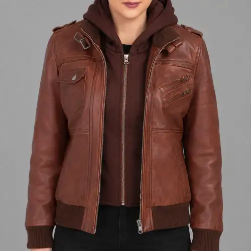 Women's Brown Hooded Bomber Lambskin Leather Jacket
