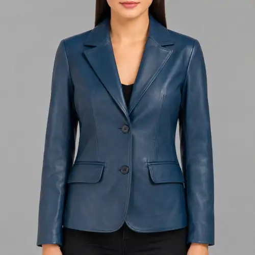 Women's Classic Lambskin Blue Leather Blazer Jackets