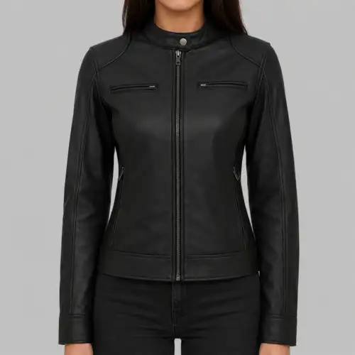 Women's Tall Black Biker Motorcycle Leather Jacket