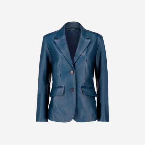 Women's Classic Lambskin Blue Leather Blazer Jackets