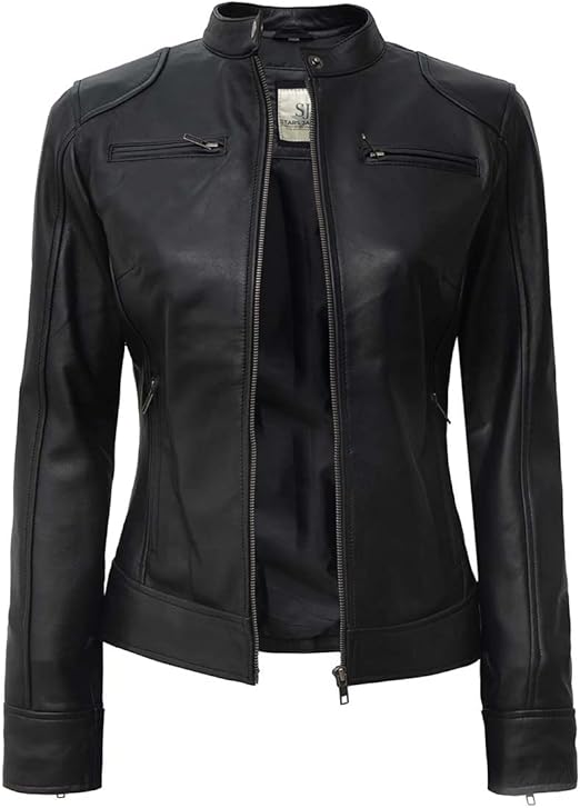 Women's Tall Black Biker Motorcycle Leather Jacket - Image 2
