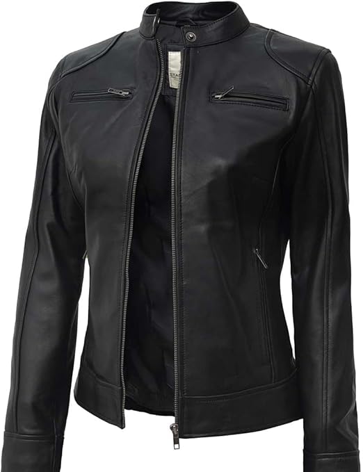 Women's Tall Black Biker Motorcycle Leather Jacket - Image 3