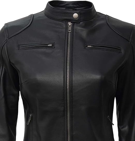 Women's Tall Black Biker Motorcycle Leather Jacket - Image 4