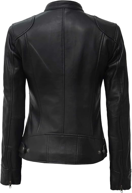 Women's Tall Black Biker Motorcycle Leather Jacket - Image 5