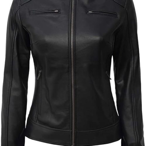 Tall Black Biker Motorcycle Leather Jacket for Women's.