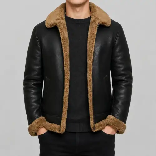 Men Genuine Sheepskin Leather Jacket Bomber B3 Flying Shearling Brown