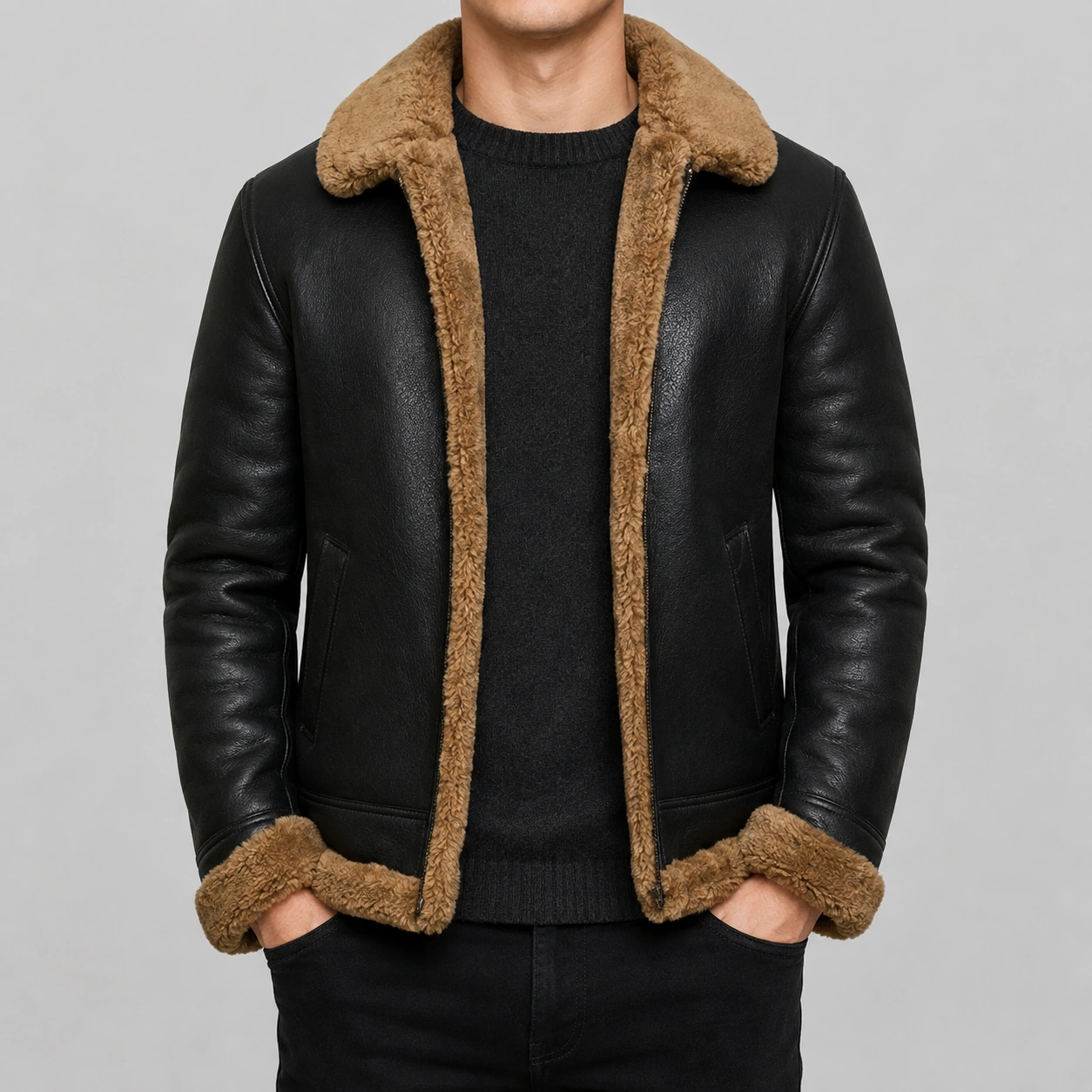 Men Genuine Sheepskin Leather Jacket Bomber B3 Flying Shearling Brown