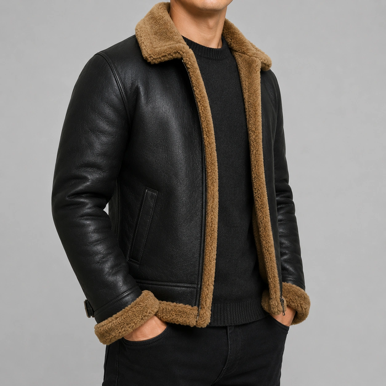 Men Genuine Sheepskin Leather Jacket Bomber B3 Flying Shearling Brown - Image 2