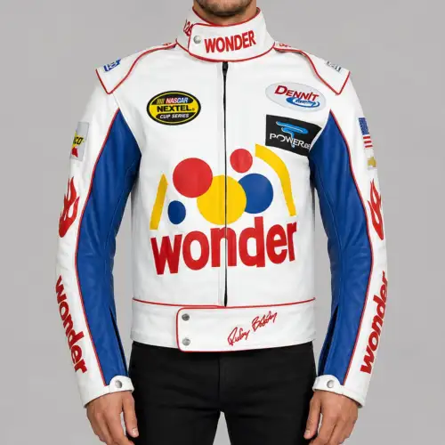 Men Ricky Bobby Wonder Racing Nights The Bread Speed White Leather Motorcycle Jacket