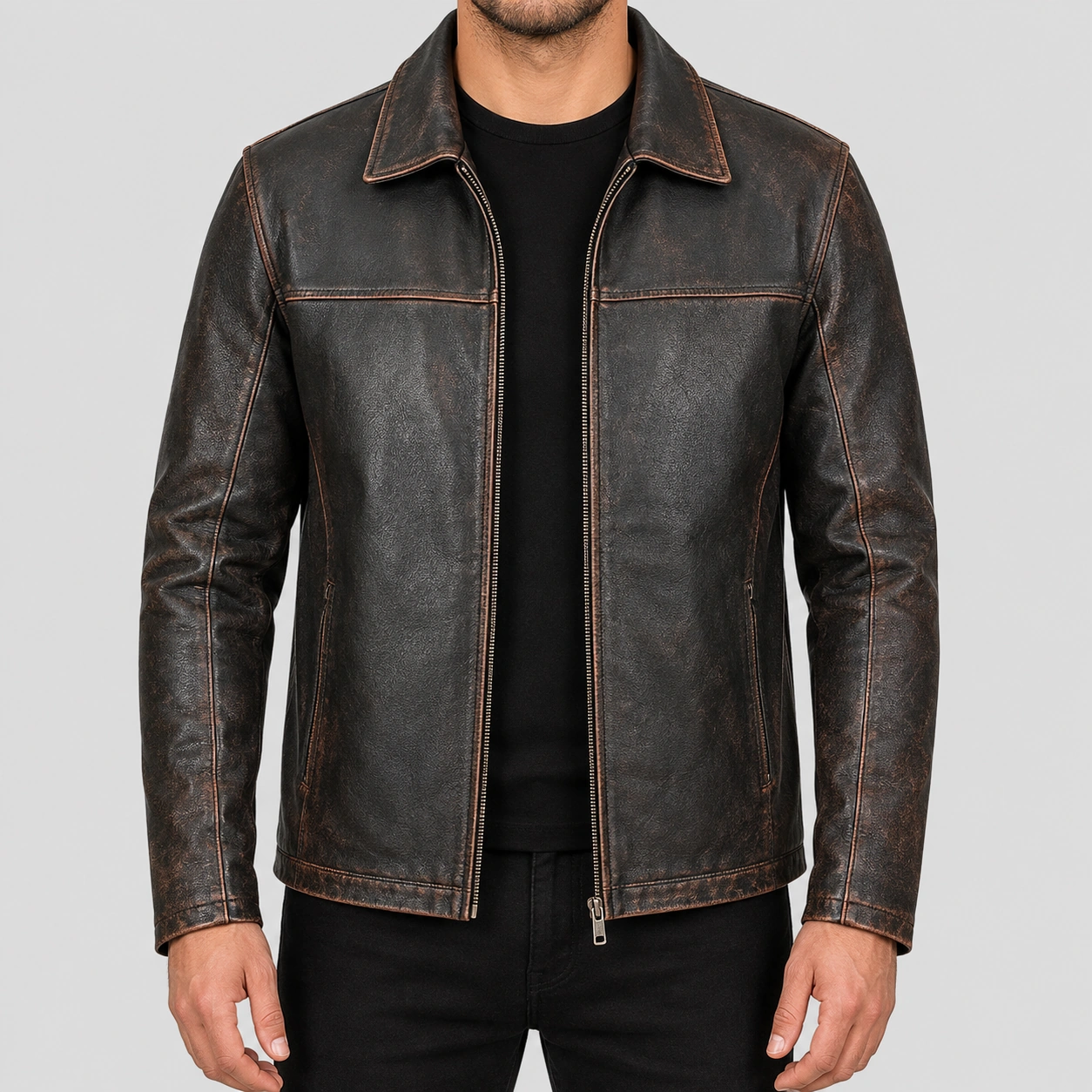 Men’s Motorcycle Biker Vintage Cafe Racer Distressed Black Real Leather Jacket