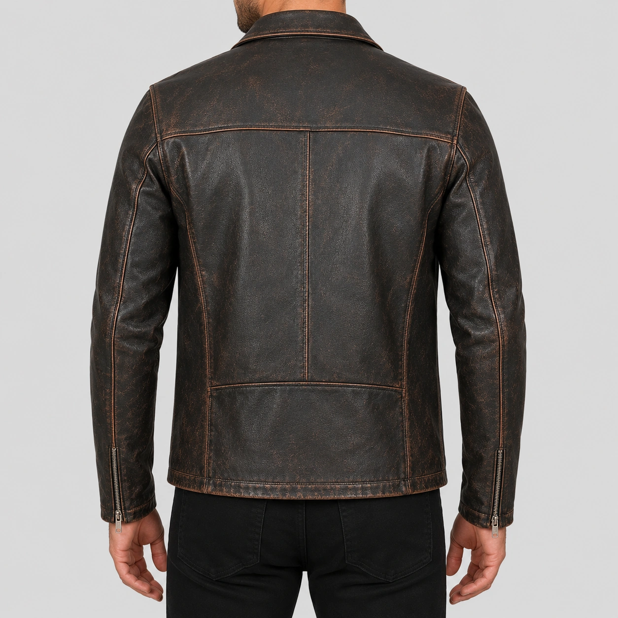 Men’s Motorcycle Biker Vintage Cafe Racer Distressed Black Real Leather Jacket - Image 3