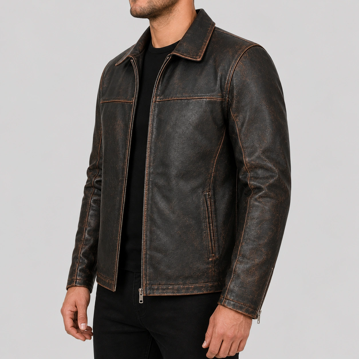 Men’s Motorcycle Biker Vintage Cafe Racer Distressed Black Real Leather Jacket - Image 2