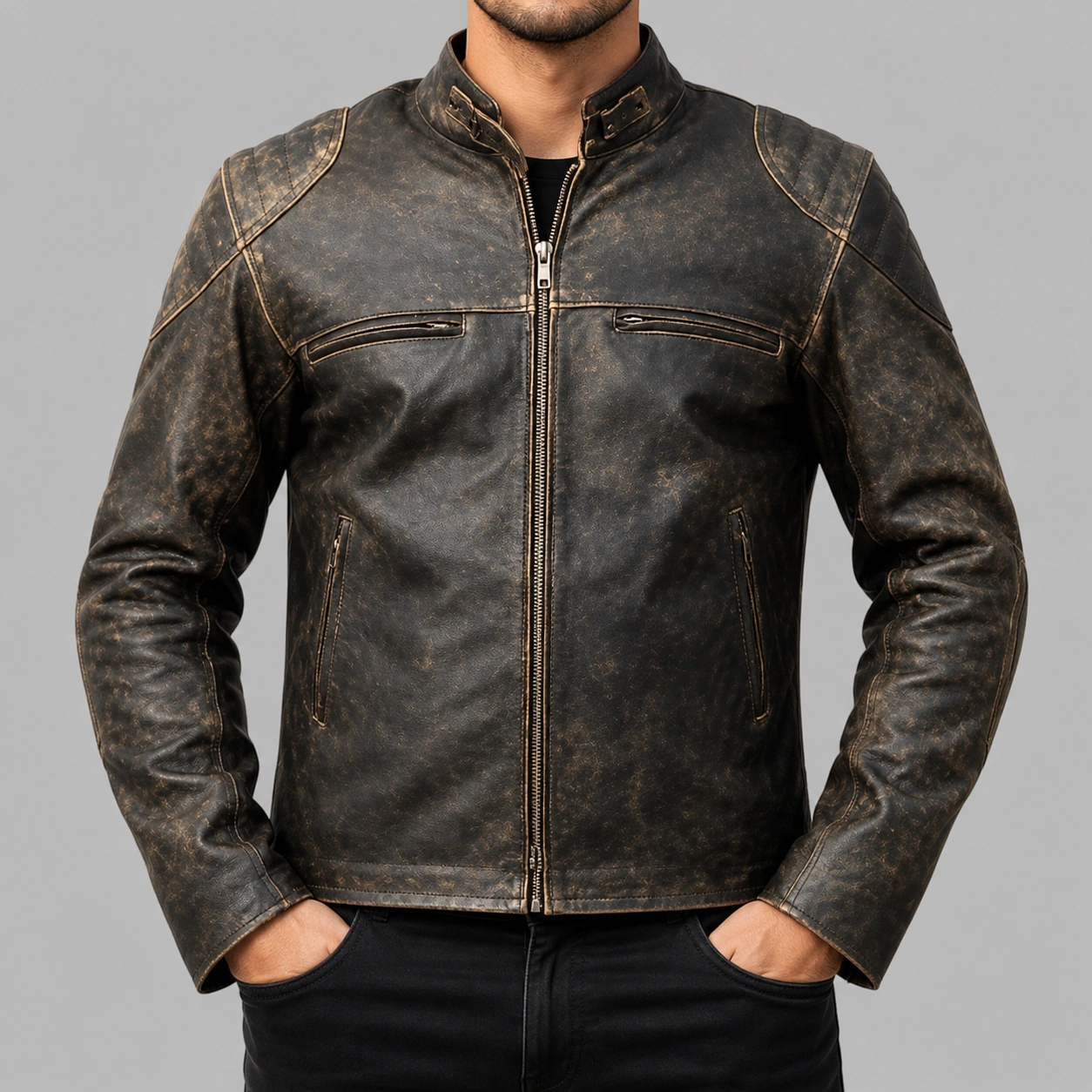 Men’s Vintage Cafe Racer Black Retro Moto Distressed Genuine Leather Jacket