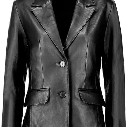 Women's Classic Lambskin Black Leather Two Button Blazer Jackets
