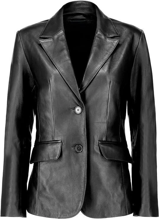Women's Classic Lambskin Black Leather Two Button Blazer Jackets