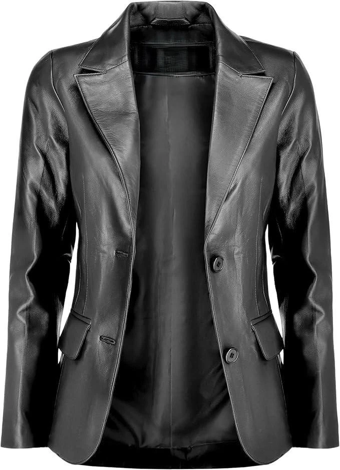 Women's Classic Lambskin Black Leather Two Button Blazer Jackets - Image 2