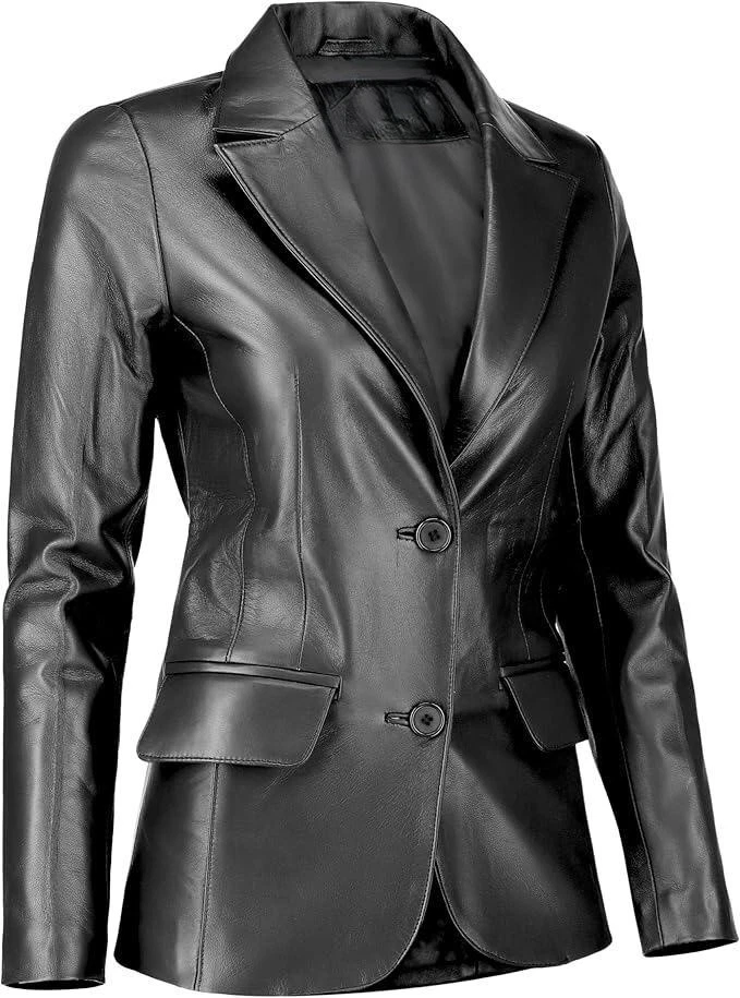 Women's Classic Lambskin Black Leather Two Button Blazer Jackets - Image 4